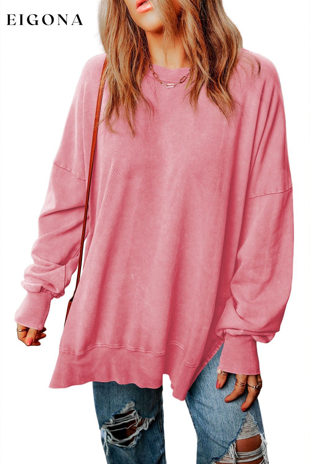 Pink Drop Shoulder Ribbed Trim Oversized Sweatshirt All In Stock Best Sellers clothes Day Valentine's Day DL Chic DL Exclusive Early Fall Collection EDM Monthly Recomend Occasion Daily Print Solid Color Season Winter Style Casual sweater sweaters