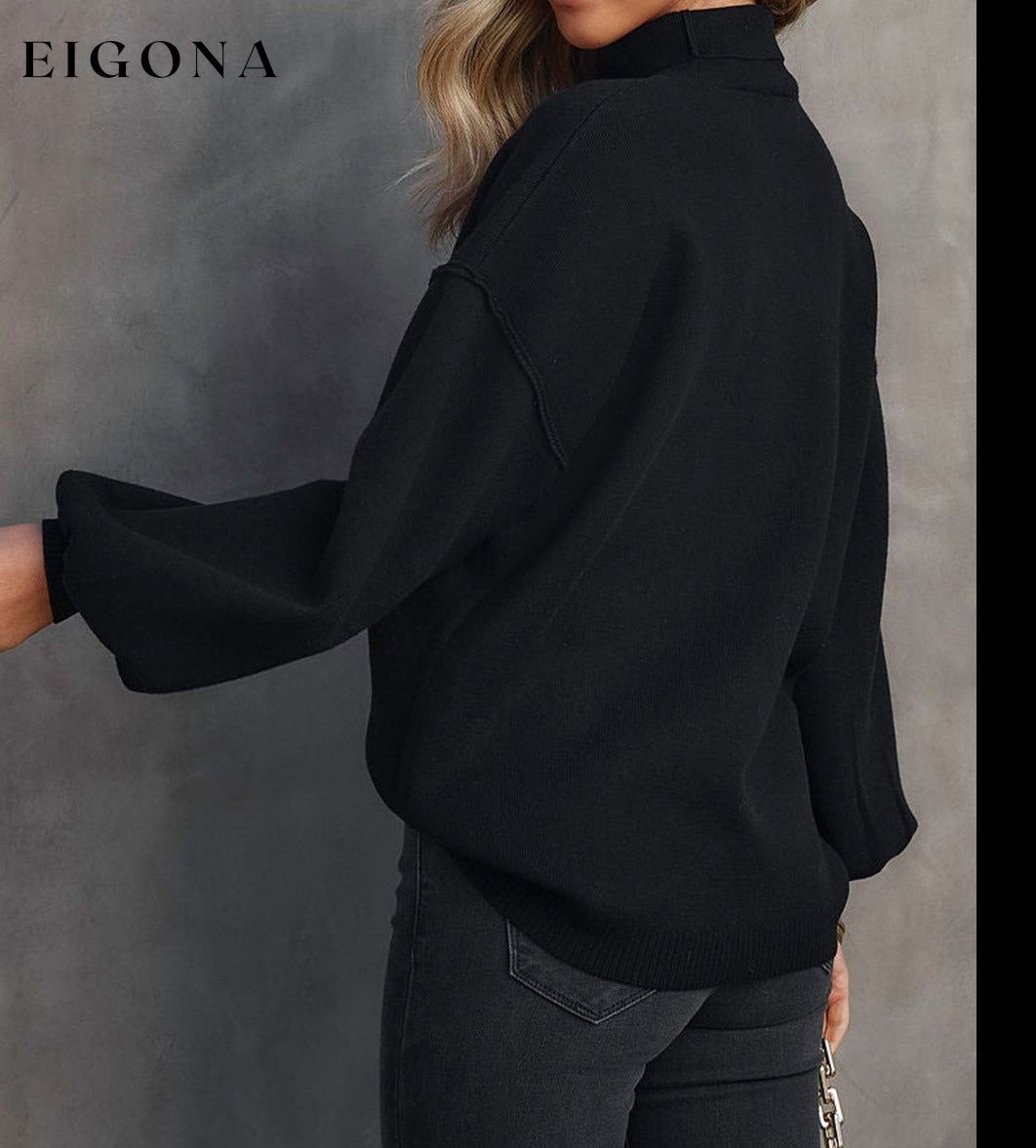 Black Turtleneck Drop Shoulder Bubble Sleeve Knit Sweater All In Stock black sweaters clothes long sleeve dresses long sleeve shirts long sleeve top Occasion Daily Print Solid Color Season Winter Style Elegant