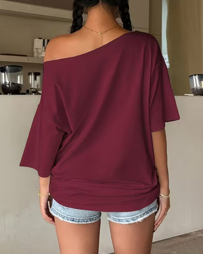 One-Shoulder Batwing Sleeve Solid Color Blouse