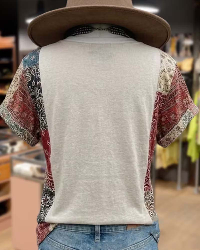 V-Neck Short-Sleeve Patchwork T-Shirt
