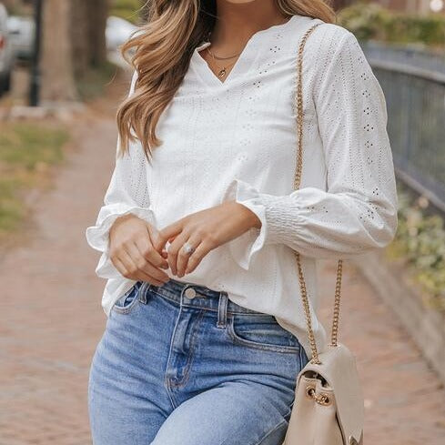 Openwork Notched Flounce Long Sleeve Blouse White clothes long sleeve shirt long sleeve shirts long sleeve top long sleeve tops Ship From Overseas shirt shirts SYNZ top tops