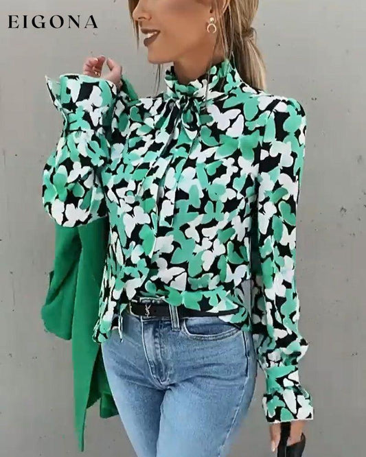 Butterfly print stand collar long sleeve shirt blouses & shirts spring summer
