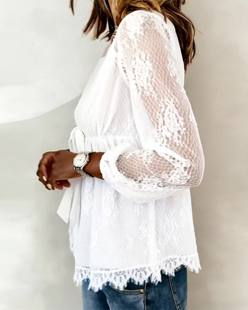 Deep V Tie Lace Blouse
