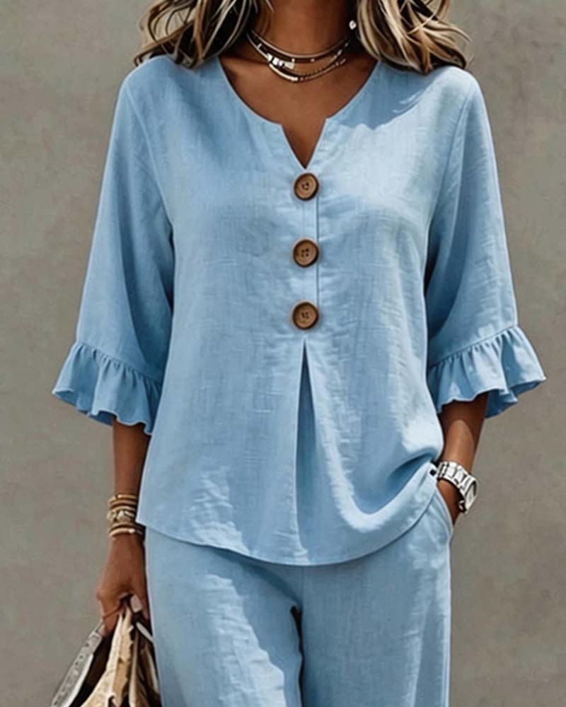 Ruffle Three Button Blouse Wide Leg Pant Set
