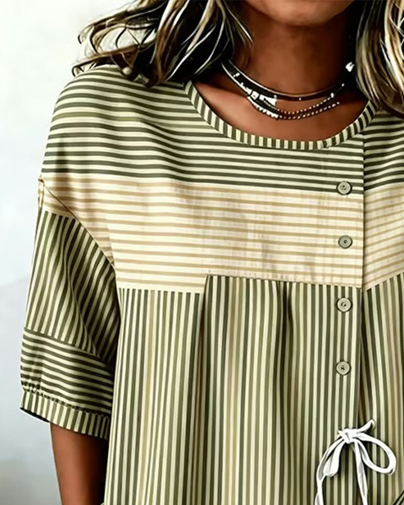 Color Block Tie Button Stripe Blouse