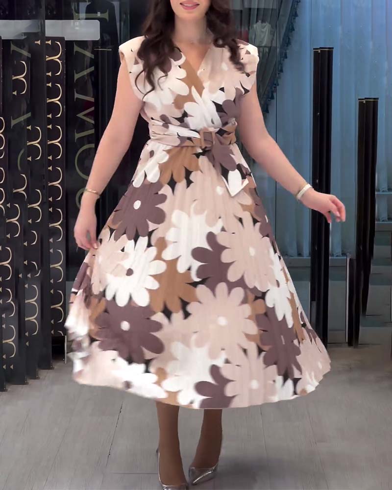 Elegant floral print V-neck pleated sleeveless dress casual dresses spring summer