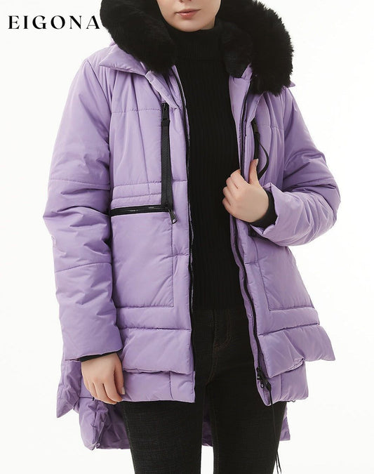 Wisteria Plush Linen Zip Up Hooded Puffer Coat Wisteria 100%Polyester clothes Color Purple Fabric Fleece Jackets & Coats Print Solid Color Season Winter Style Casual