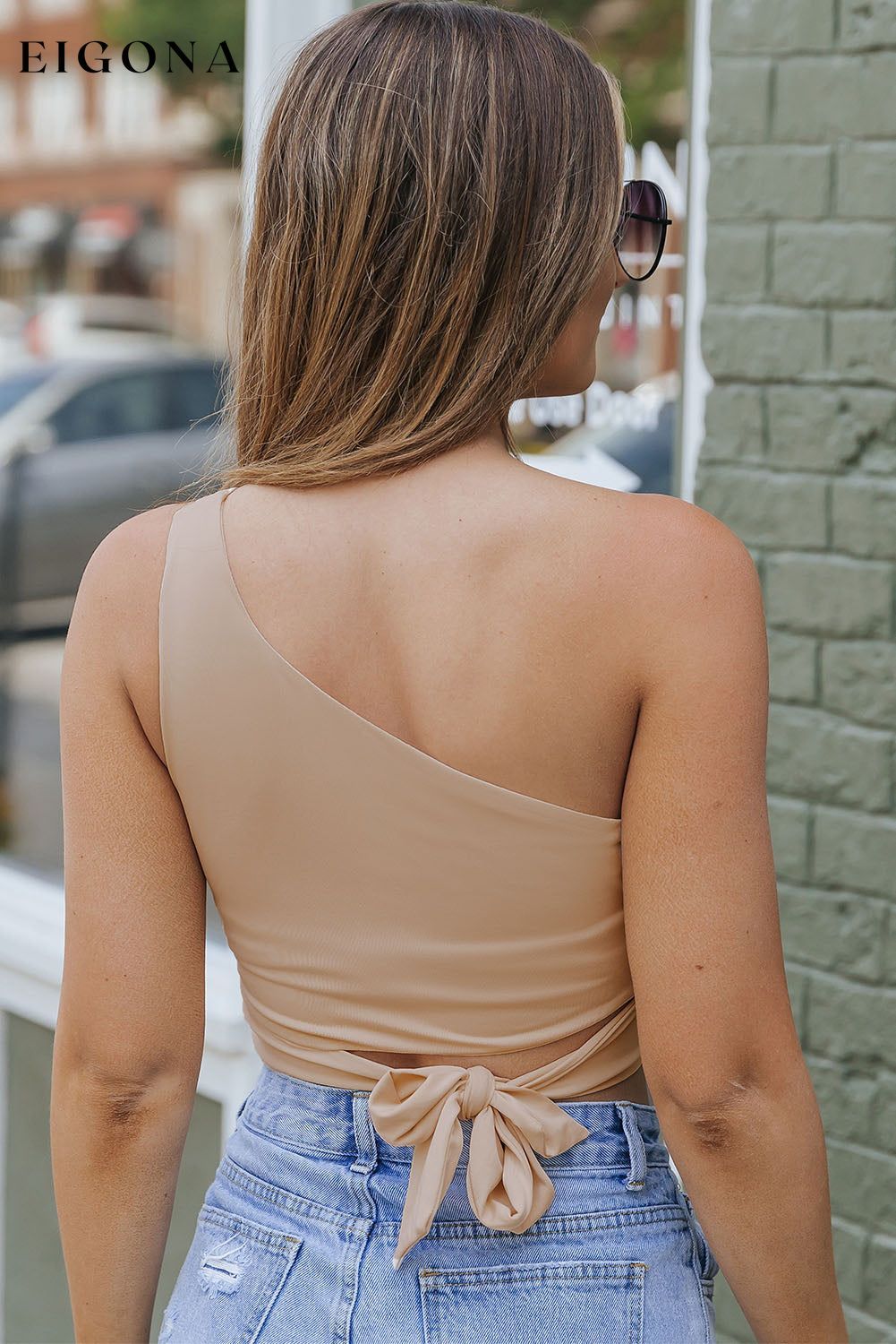 Khaki One Shoulder Side Tie Sleeveless Crop Top All In Stock clothes Collar Off Shoulder crop top croptop DL Exclusive Occasion Daily Occasion Rock & Music Print Solid Color Season Summer shirt shirts Style Southern Belle top tops trend