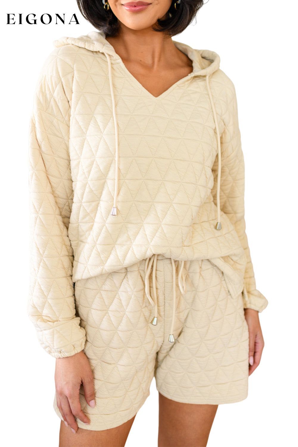 Beige Quilted V Neck Hoodie Drawstring Shorts Set, Loungewear Sets clothes lounge wear lounge wear sets loungewear loungewear sets sets