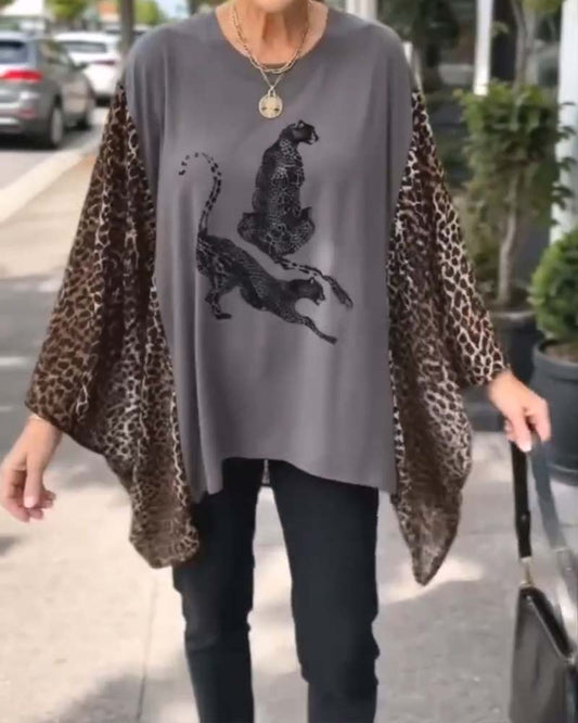 Cheetah Print Patchwork-Sleeve Top 2024 f/w spring tops
