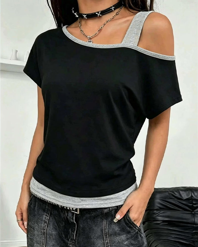 One-Shoulder Color Block Casual T-Shirt