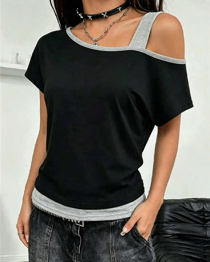 One-Shoulder Color Block Casual T-Shirt