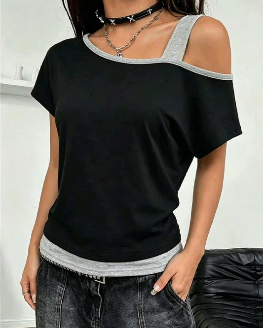 One-Shoulder Color Block Casual T-Shirt