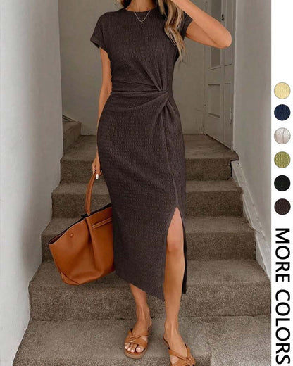 Twist-Knot Cinched Waist Side-Slit Dress