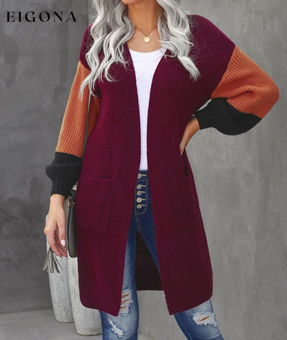 Color Block Rib-Knit Longline Cardigan with Front Pockets Red cardigan clothes long sleeve Ship From Overseas SYNZ