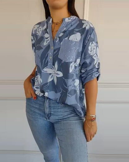 Button-Down Collar Sequined Color-Blocked Blouse