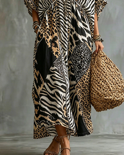 V-Neck Leopard Print Bat Sleeve Dress