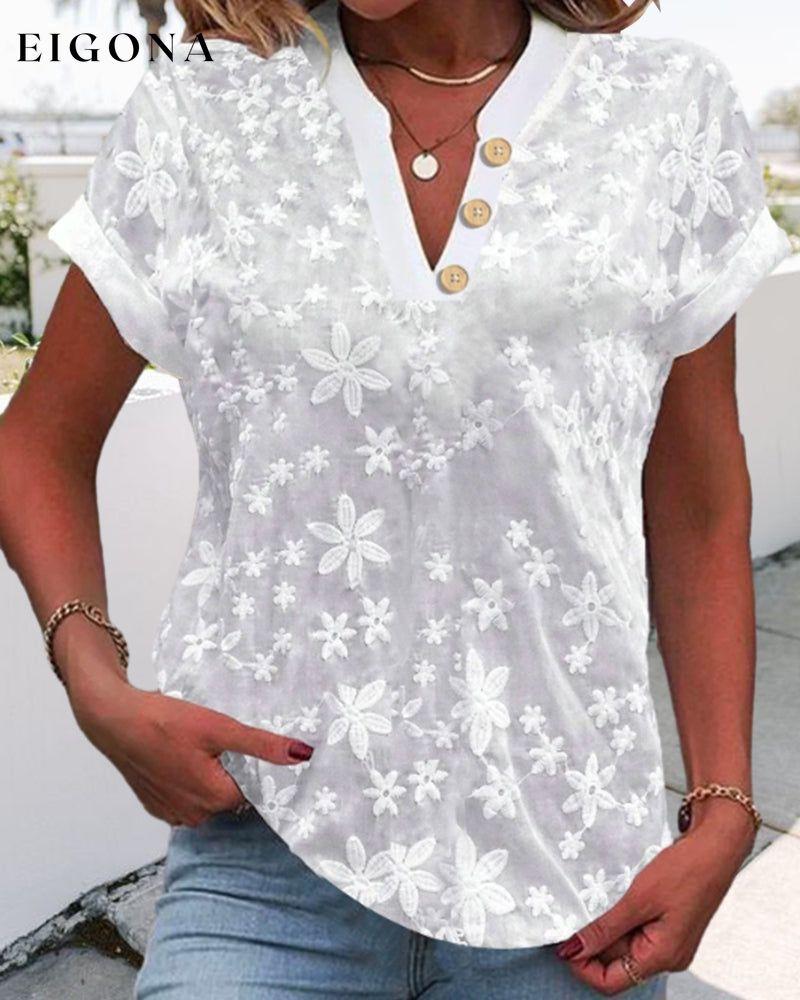 Loose V-neck Embroidered Top with Buttons blouses & shirts spring summer