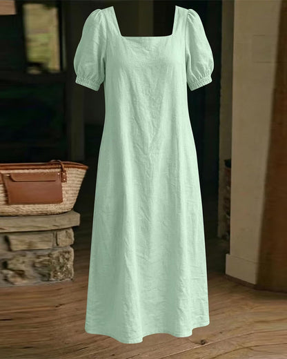 Square Neck Puff Sleeve Pocket Dress