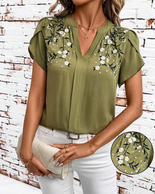 Petal Sleeve V-Neck Print Blouse