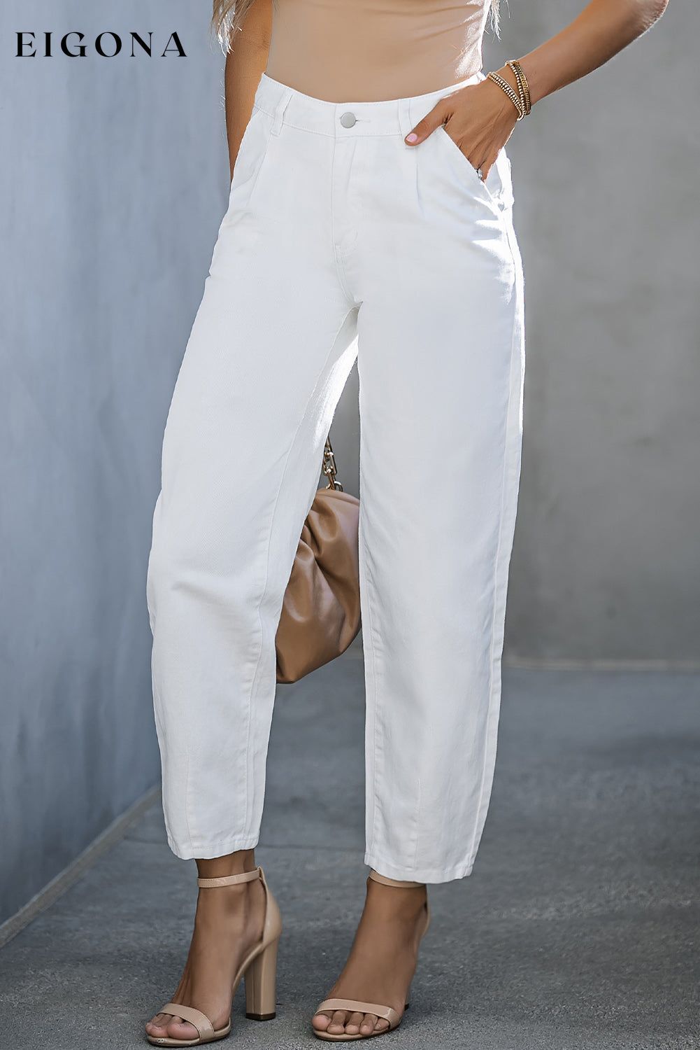 White Solid High Waist Casual Pants bottoms clothes DL Exclusive Occasion Daily pants Print Solid Color Season Spring Silhouette Wide Leg Style Modern Women's Bottoms