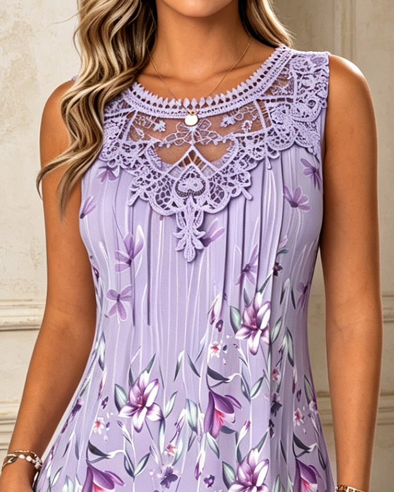 Sleeveless Lace Patchwork Printed Dress