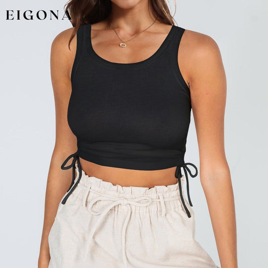 Drawstring Ruched Round Neck Tank Black clothes crop top croptop MDML Ship From Overseas Shipping Delay 09/29/2023 - 10/02/2023 shirt shirts short sleeve top tops trend