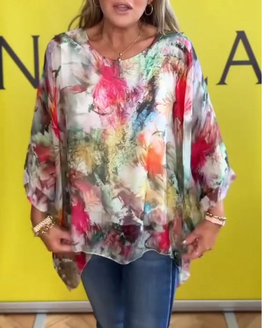 Watercolor Floral Batwing Sleeve Blouse