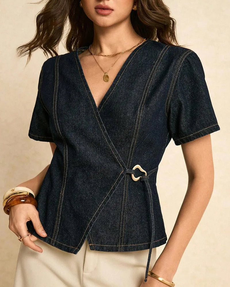 Irregular Lace-Up Denim Blouse