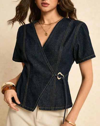 Irregular Lace-Up Denim Blouse