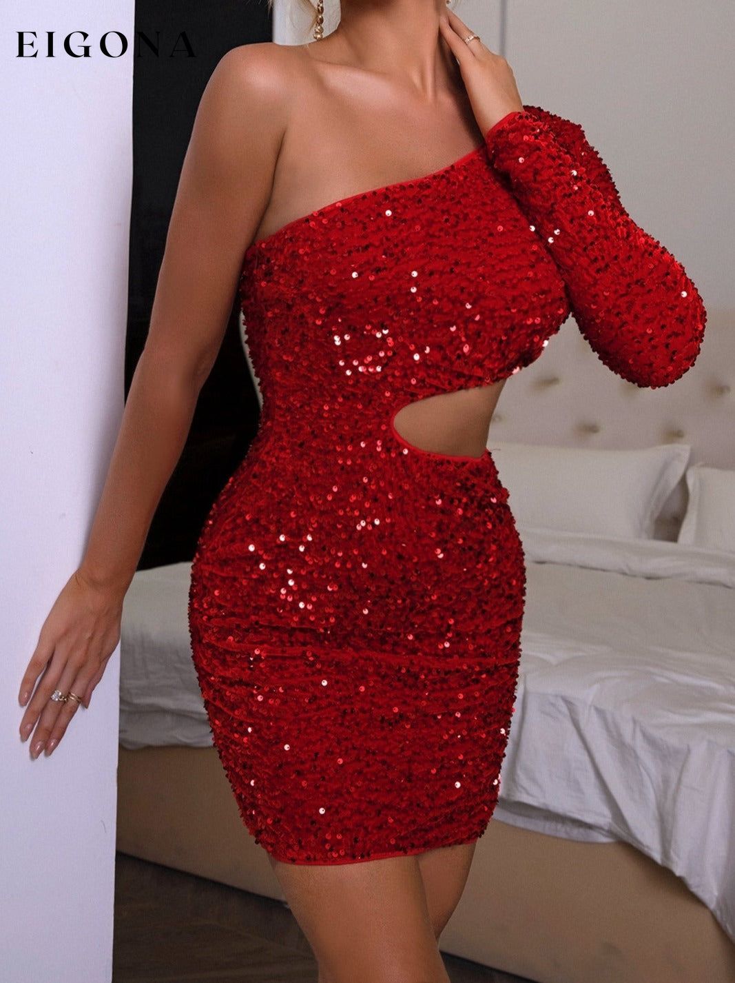 Sequin Cutout One-Shoulder Sexy Mini Dress clothes dress dresses formal dress formal dresses long sleeve dresses Ringing-N Ship From Overseas short dresses