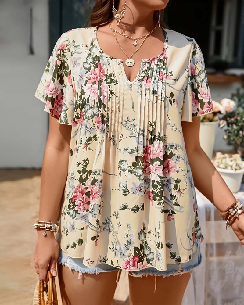 Floral Print V-Neck Short-Sleeved Blouse
