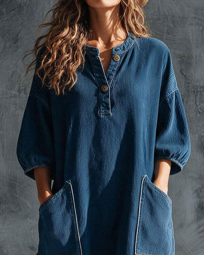 Corduroy Button Front Elbow-Length Puff Sleeve Loose Dress 2024 f/w casual dresses spring
