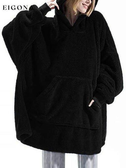 Long Sleeve Pocketed Hooded Fuzzy Sweater, Lounge Top Black One Size clothes lounge lounge wear loungewear M@F@T Ship From Overseas Sweater sweaters Sweatshirt