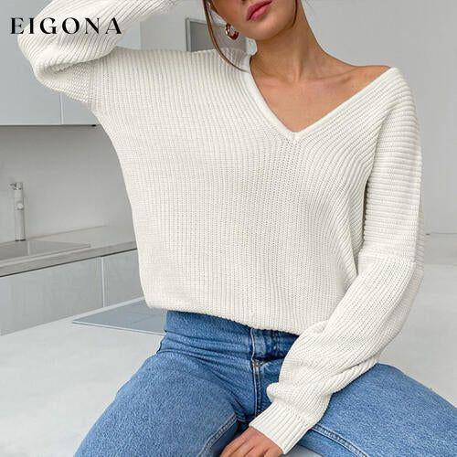 V-Neck Dropped Shoulder Long Sleeve Sweater White clothes Ship From Overseas Sweater sweaters Sweatshirt T*Y