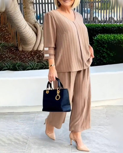 V-Neck Loose Top Wide-Leg Pants Set