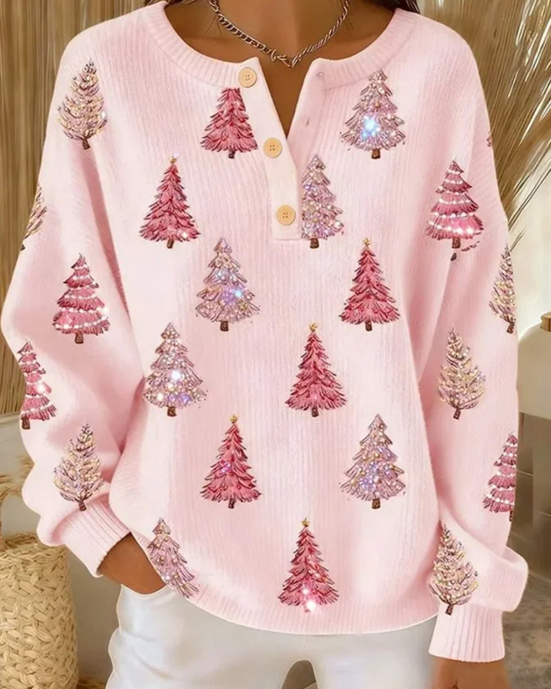 Christmas Tree Print Henley Collar Pullover 2024 f/w christmas pullovers