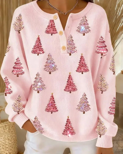 Christmas Tree Print Henley Collar Pullover 2024 f/w christmas pullovers