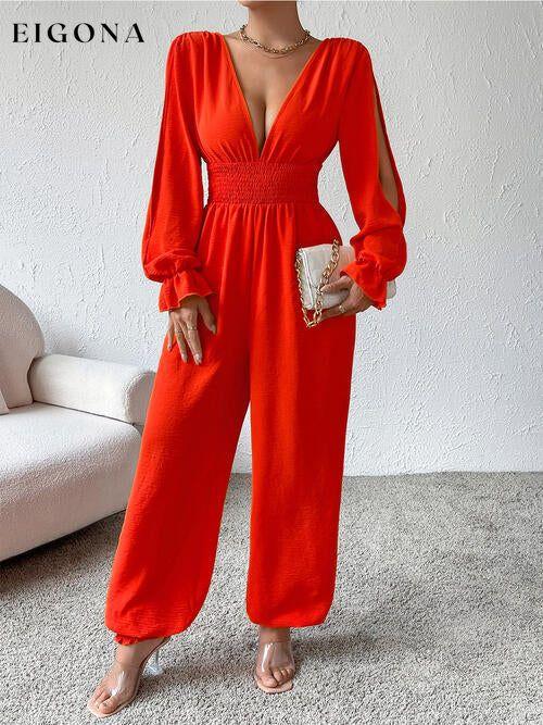 Plunge Smocked Flounce Sleeve Jumpsuit clothes HS Ship From Overseas