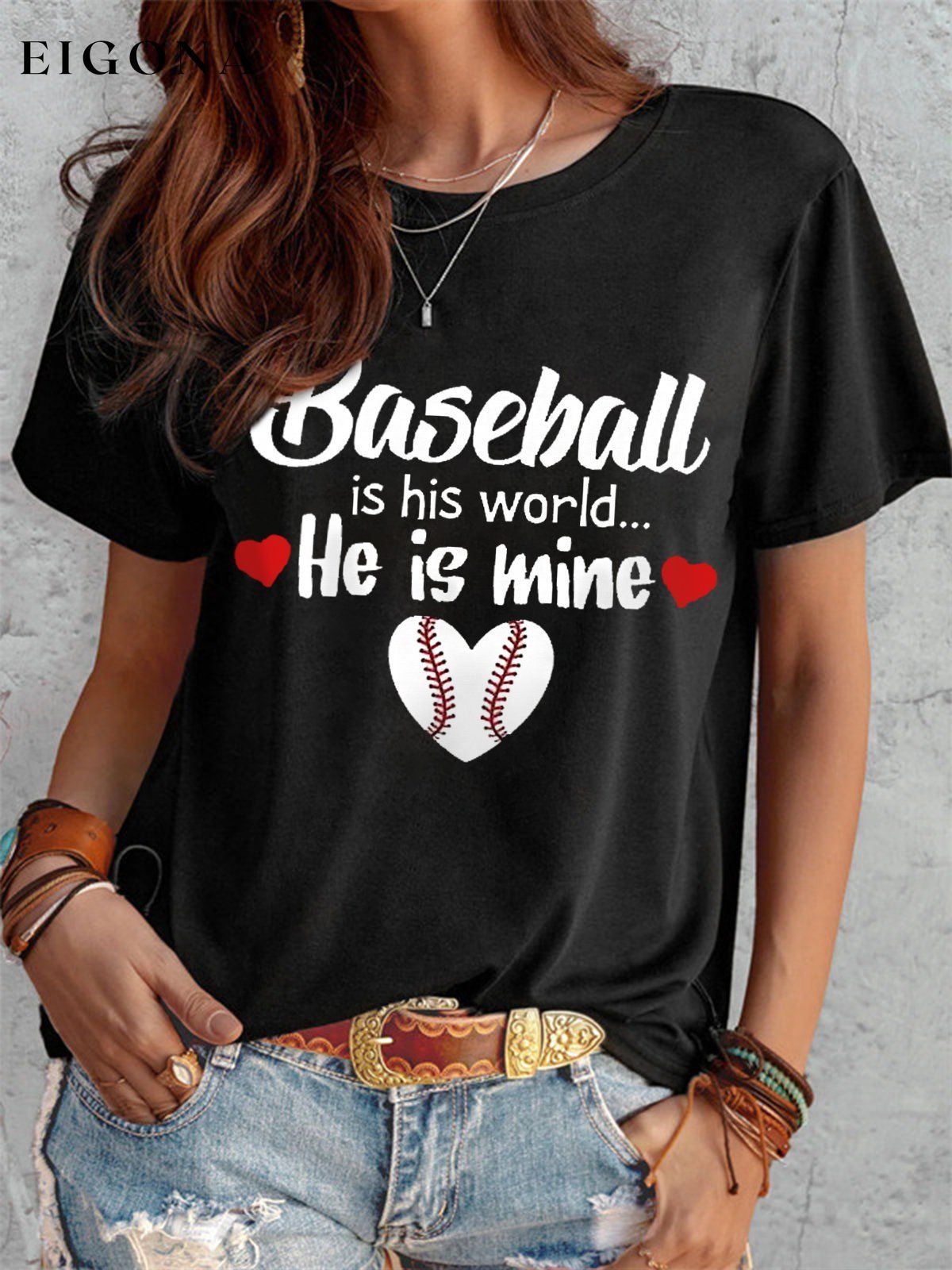 Women's Baseball Is His World He Is Mine Casual Tee ball print