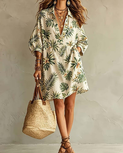 Puff Sleeve V-Lapel Floral Print Dress