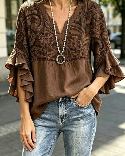 Vintage Floral Print Asymmetrical Ruffle Sleeve Blouse