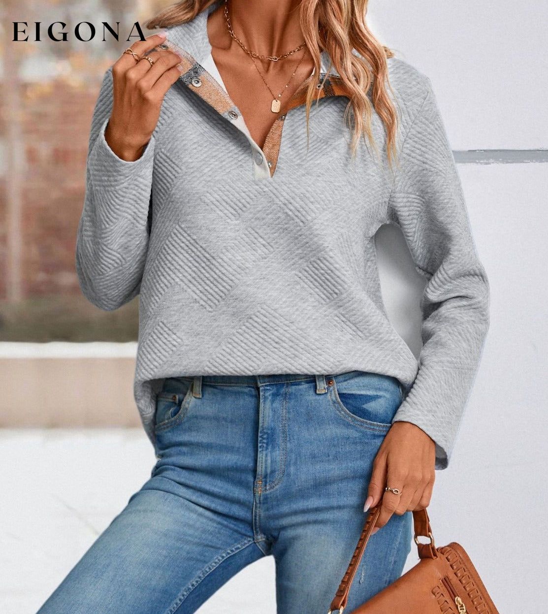 Double Take Spliced Plaid Quarter-Snap Mock Neck Top clothes Double Take long sleeve Ship From Overseas Sweater sweaters trend