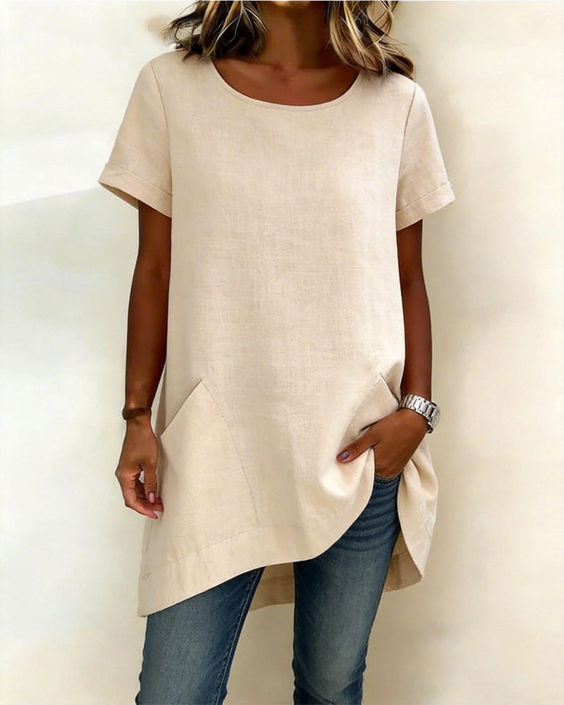 Irregular Round Neck Pocket Blouse