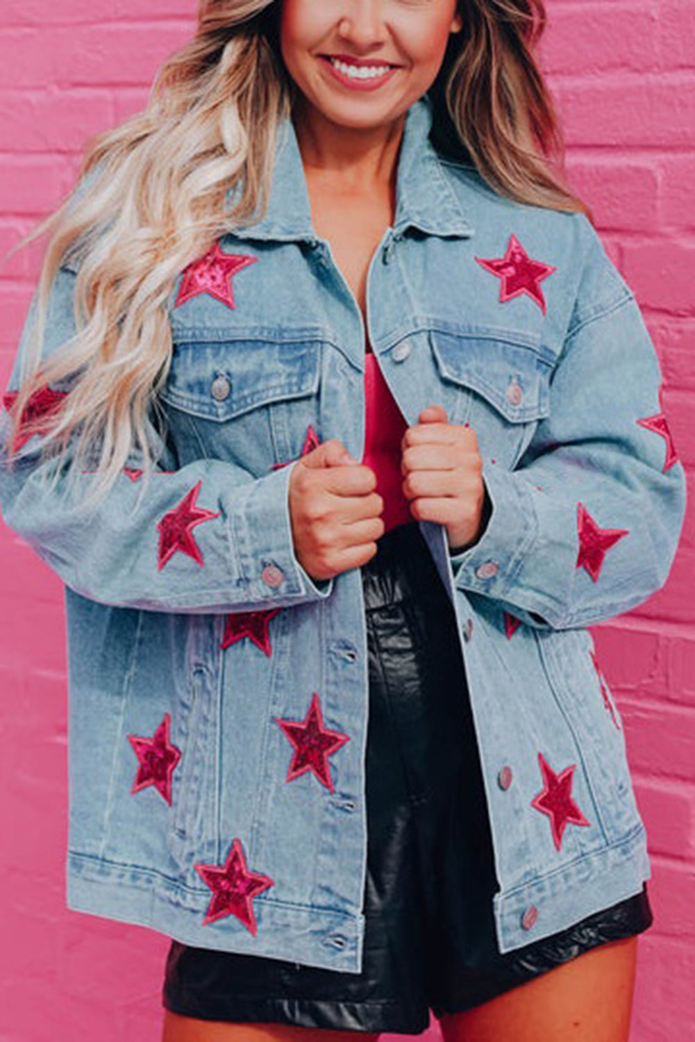 Light Blue Sequin Star Flap Pocket Denim Jacket All In Stock Category Shacket clothes Color Pink Craft Sequin Fabric Denim Occasion Daily Season Fall & Autumn Style Western