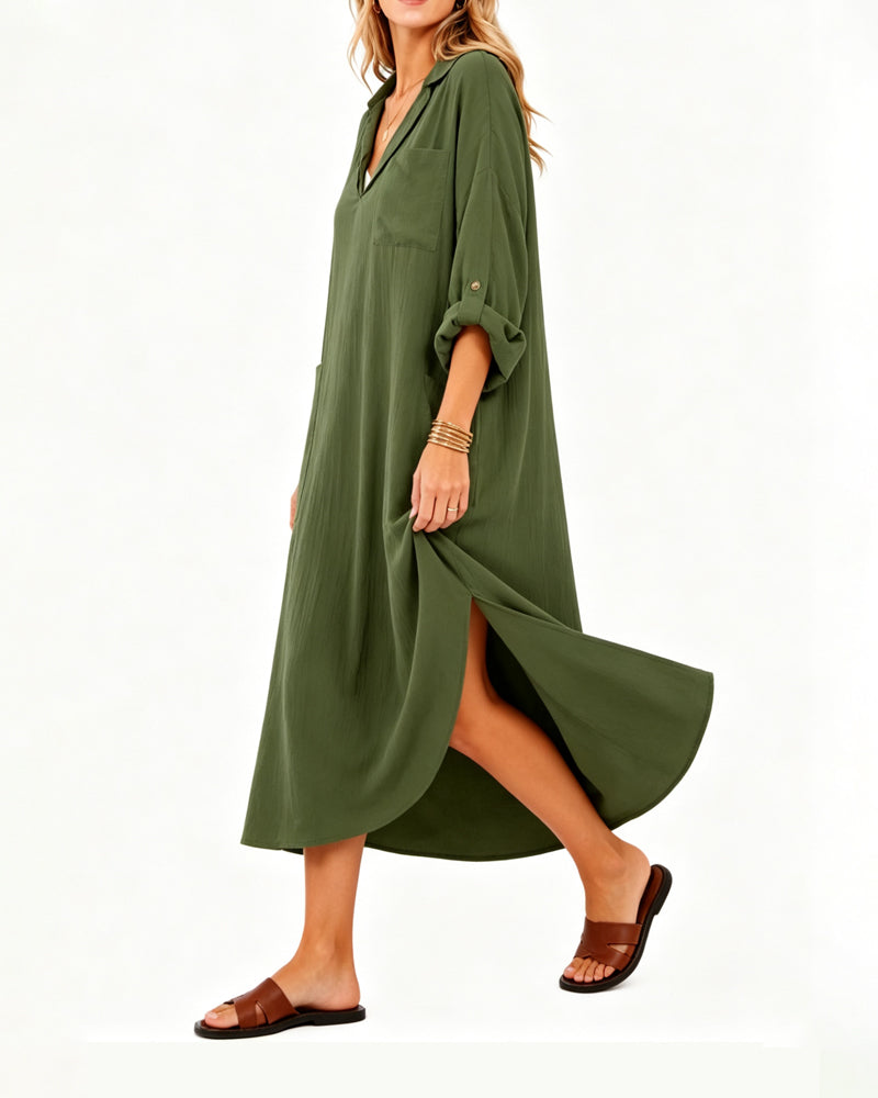 Lapel V-Neck Pocket Slit Dress