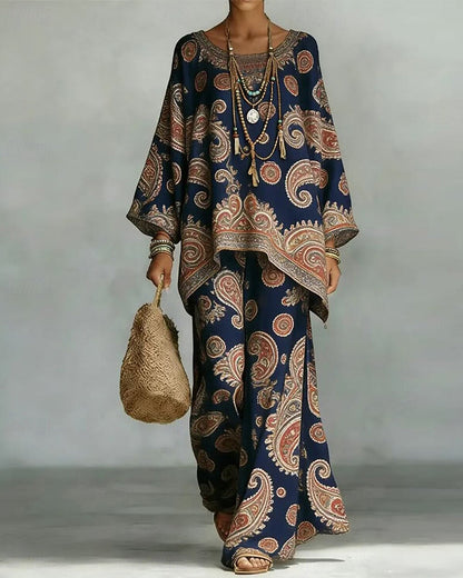 Stylish Pattern Wide Leg Trouser Two-Piece Set