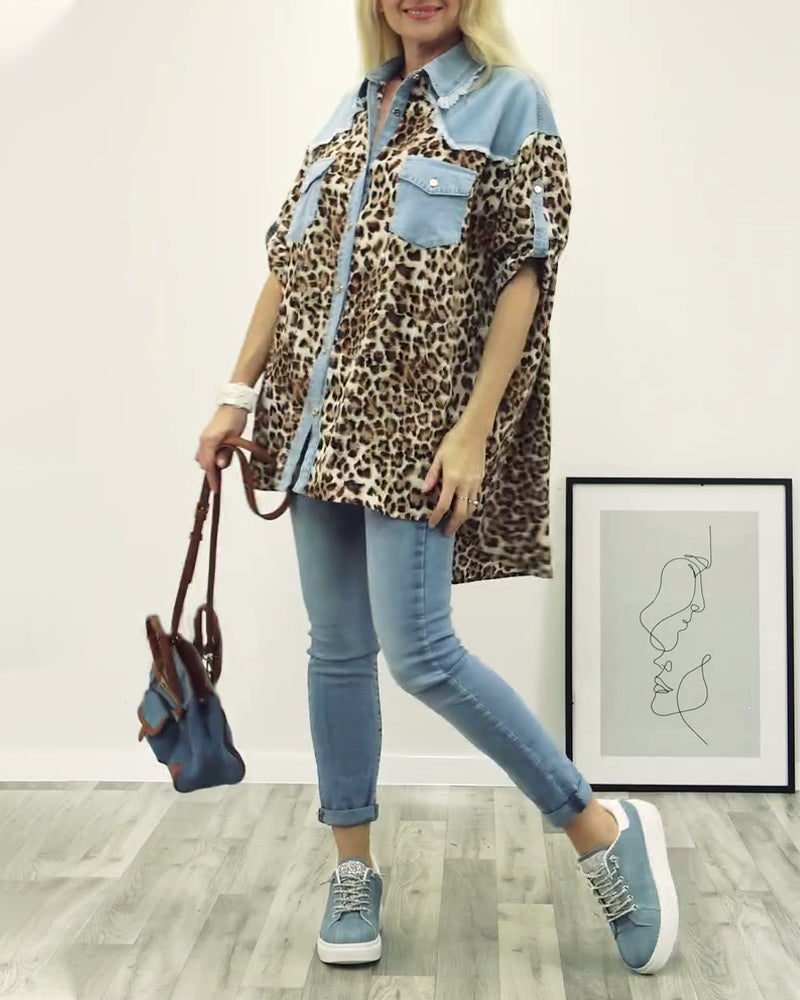 Casual leopard print denim patchwork shirt 2024 f/w blouses & shirts spring