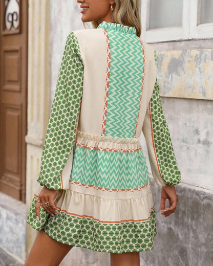 Stand Collar Printed Patchwork Dress