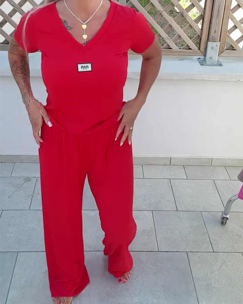 V-Neck Casual Wide-Leg Pants Suit